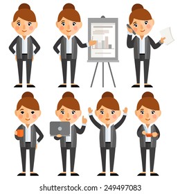 Set of characters in a flat style. businesswoman, office worker in various situations.