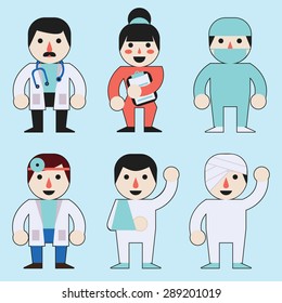 Set of characters in a flat style. Doctors, surgeon, nurse, patients