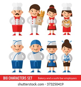 Set of characters in a flat style. Employees of the bakery and fish market. Men and women in a flat style