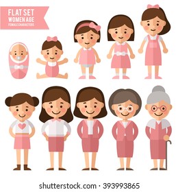 Set of characters in a flat style. Female characters, the cycle of life, growing up female. From infant to grandmother.