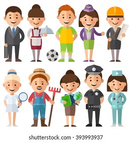 Set Of Characters In A Flat Style. Female And Male Characters In Different Roles. Women's And Mans Profession. Doctor, Engineer, Athlete, Teacher, Waitress, Police, Farmers And Other Characters.