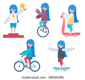 Set of characters in flat style. A girl with blue hair riding a bicycle, an unicycle, a scooter, skateboarding and winning a prize