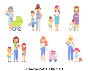 Set of characters in a flat style. Loving Mothers Have a Good Time With Their kids. Vector illustration in a flat style good for animation.