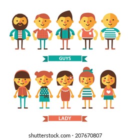 Set of characters in flat style. Men and women in different clothes, with different hairstyles vector cartoon illustration. Flat style characters.