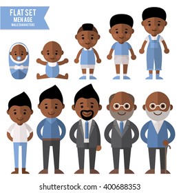 Set of characters in a flat style. Men characters, the cycle of life, growing up male. From infant to grandfather.