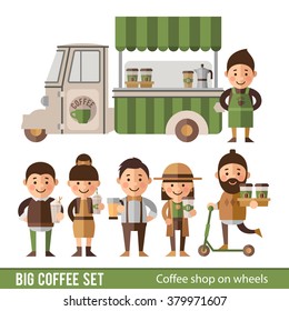 Set of characters in a flat style. Minivan with coffee and desserts, baristas and other characters.