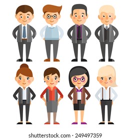 A set of characters in a flat style. Office workers. Women and men in business clothes.