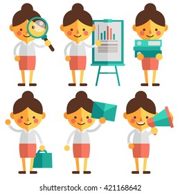 Conjunto de caracteres en estilo plano. Administrador de oficinas en diferentes situaciones. Ampliador de Office Manager, administrador de oficina con Diagrama, administrador de oficina con altavoz. Empleado de oficina. 