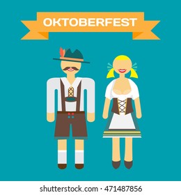 Set of characters in a flat style Oktoberfest. Man and woman in folk costumes. Flat cartoon vector illustration.