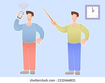 A set of characters in a flat style: with a phone and a pointer. The concept of employees in a flat style
