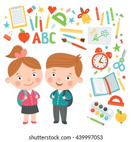 Set of characters in a flat style. Pupils in a beautiful school uniforms and items on school theme