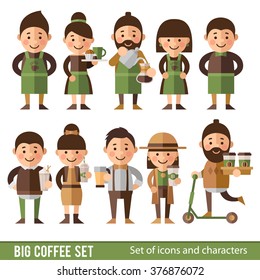 Set of characters in a flat style. Team cafes and coffee lovers. Barista, waiter, cafe manager, hipster, fashion girl, cafes Visitors.