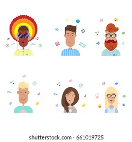 A set of characters in a flat style. Women and men with different interests. Social, business and media icons.