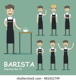 Set of characters in a flat style.Barista, waiter, cafe manager, hipster, cafes Visitors.