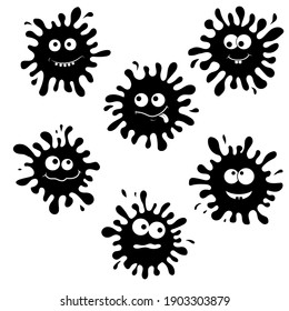 Juego de caracteres Monstruos de manchas divertidas con diferentes emociones, silueta negra, esténcil de deslizar, ilustración infantil, vector aislado de estilo plano, diseño, decoración, impresión