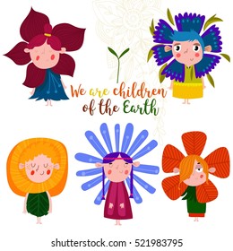 Set of characters funny children in flower on white background - stock vector