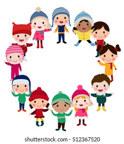 Set of characters funny children in winter.