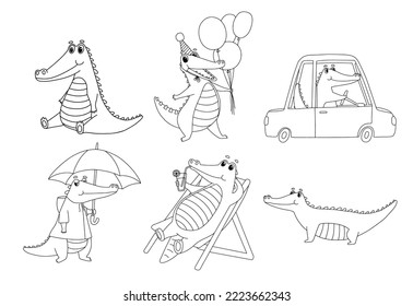Set of characters. Funny crocodile in cap holds balloons. drive car. Vector outline animal for coloring book isolated on white background