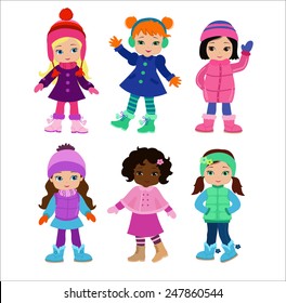 Set of characters funny girls in winter isolated on white background . Winter clothes.