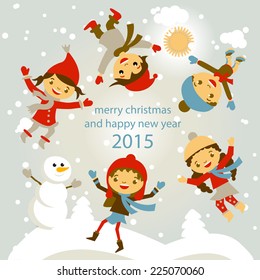 set of characters funny kids  in winter snow vector 2015