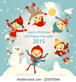 set of characters funny kids  in winter snow vector 2015