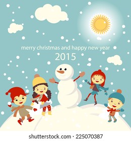 set of characters funny kids  in winter snow vector 2015