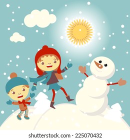 set of characters funny kids  in winter snow vector 2015