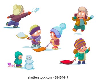 set of characters funny kids  in winter