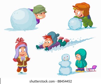 set of characters funny kids  in winter