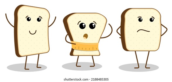Set of characters, funny pieces of bread in wounded expression. Cheerful, surprised and puzzled character. Flat vector isolated on white background