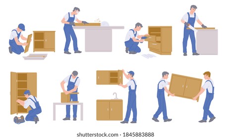 Set of characters furniture makers making assembling, repairs or constructions of wood home furniture. Carpenter working in his workshop. Flat cartoon isolated vector illustrations