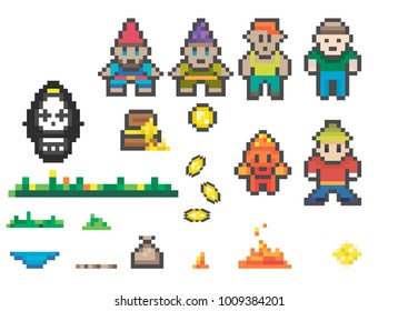 set of characters for the game, 2d pixel art. gnomes, gold, grass