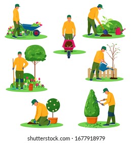 Conjunto de caracteres de jardineros. Jardinero profesional trabajando en el jardín con diferentes herramientas. Ilustraciones vectoriales sobre fondo blanco