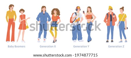 A set of characters generations x, y, z and baby boomers. Young couples man and woman or teenagers representation of different gen. Flat cartoon isolated vector illustrations. Stok fotoğraf © 
