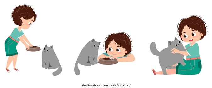 A set of characters. A girl with her beloved cat. Feeding and petting the cat. Kids do housework at home concept. Vector cartoon