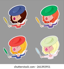Set of characters of a girl who looks in the mirror. Shopping. Fashion. Color