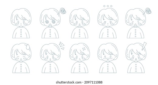 Set Of Characters, Girls Avatars. Emotions. Cute Outline Line Art Girl Angry, Confused, Wow, Shy, Calm Faces.  Web Design Concept. Collection Of A Vector Icons