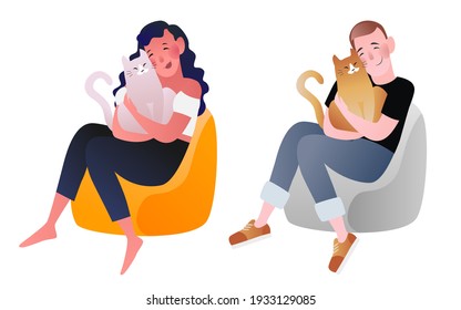 Set with characters. Girls and boys with their cats. Colored vector illustration isolated on white background.