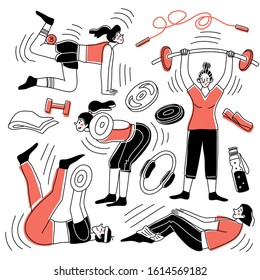 A set of characters of girls practicing in the gym. Fitness concepts. Exercise training. Collection of hand drawn. Vector illustration in sketch doodle style.