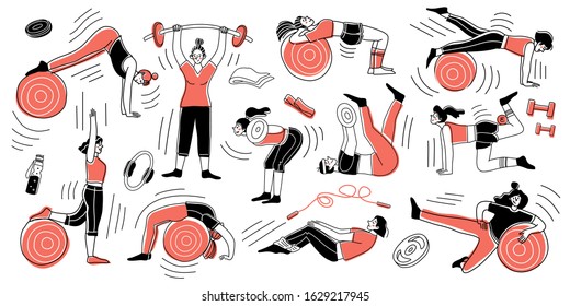 A Set Of Characters Of Girls Practicing In The Gym And Pilates. Fitness Concepts. Exercise Training. Collection Of Hand Drawn. Vector Illustration In Sketch Doodle Style.
