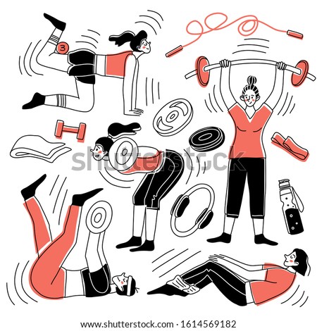 A set of characters of girls practicing in the gym. Fitness concepts. Exercise training. Collection of hand drawn. Vector illustration in sketch doodle style.