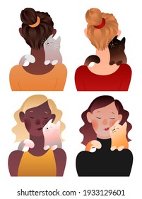 Set with characters. Girls with their cats. Colored vector illustration isolated on white background.