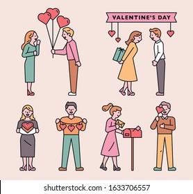 A set of characters giving gifts to Valentine's Day lovers. flat design style minimal vector illustration.