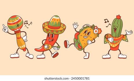 Set of characters in groove style. Traditional symbols of Mexico in the form of singing and dancing characters. Celebrating Cinco de Mayo. Vector illustration isolated on a color background.