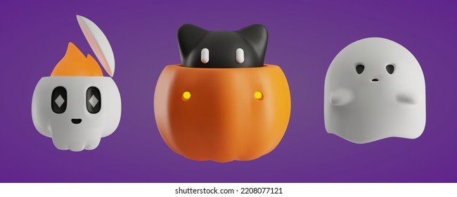 A set of characters for halloween 3d vector. An illustration with a cute abstract skull, a cat in a pumpkin and a ghost. Decorative funny scary elements