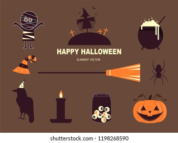 Set of characters  for Halloween in cartoon style, elements, cute, ghost, pumpkin, witch, Vector illustration.