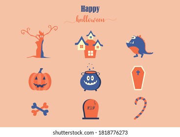 Set of characters  for Halloween in cartoon style, elements, cute, ghost, pumpkin,Vector illustration.