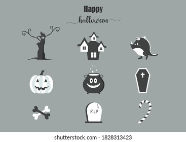 Set of characters  for Halloween in cartoon style, elements, cute, ghost, pumpkin,Vector illustration.