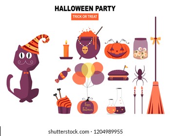 Set of characters  for Halloween in cartoon style,elements,cute,ghost,pumpkin,witch, Vector illustration.