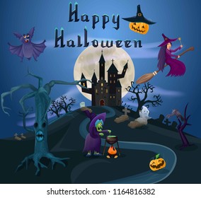 Set of characters for Halloween isolated, witch, bat, ghost, witch, sorceress, potion, crows, grave, ominous pumpkin, moon, fence, lamp jack in the night.